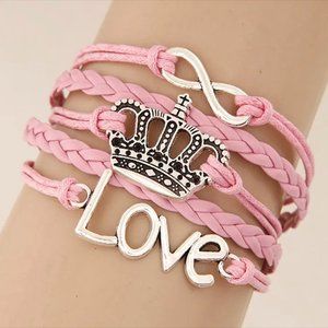 Multistrand Pink Bracelet w Crown, Love, and Infinity Charm